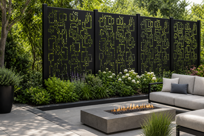 Design 114 Digital Square Maze Laser Cut Metal Privacy Screen Panel installed garden daylight view