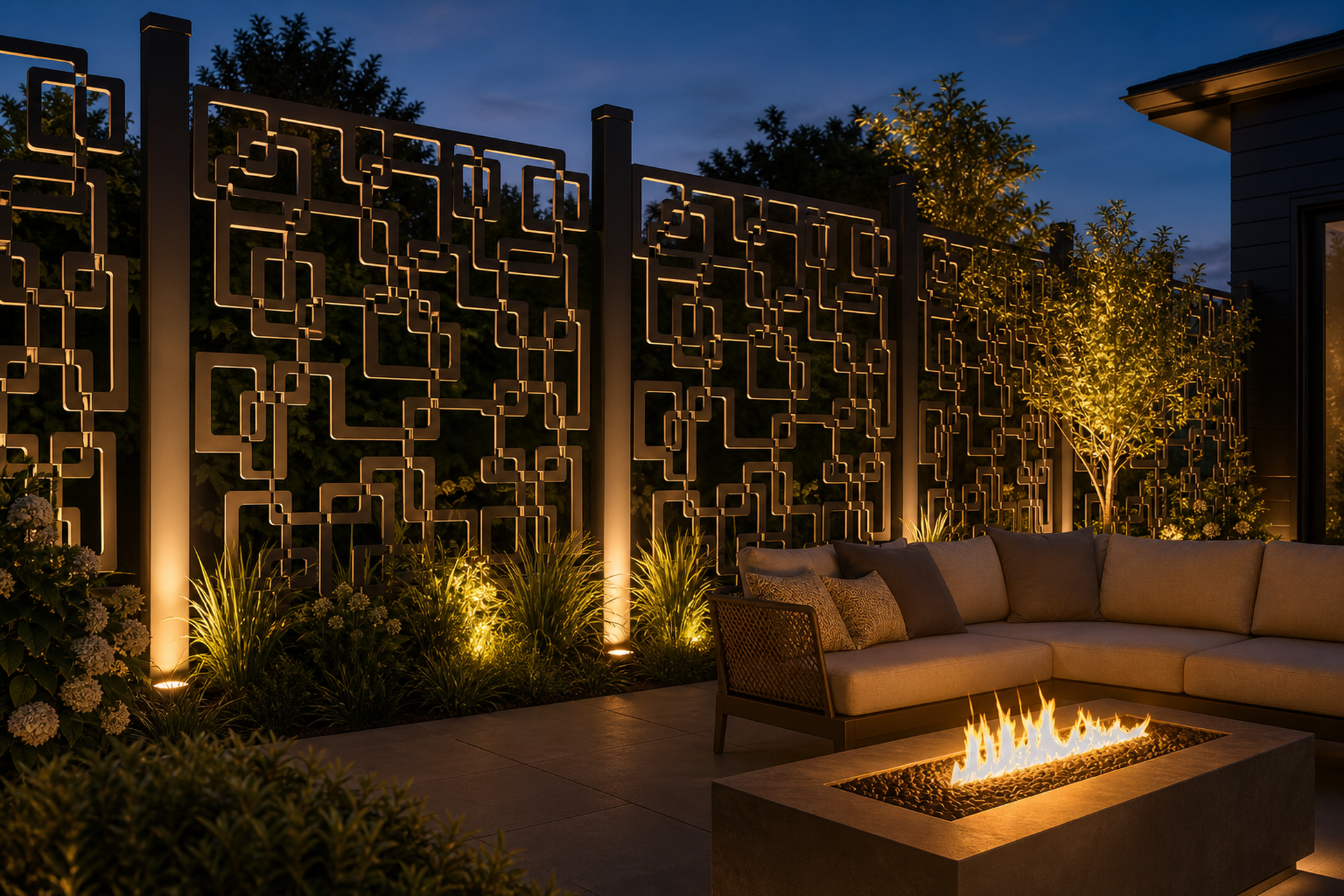 Design 114 Digital Square Maze Laser Cut Metal Privacy Screen Panel installed garden night lighting view