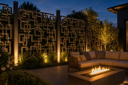 Design 114 Digital Square Maze Laser Cut Metal Privacy Screen Panel installed garden night lighting view