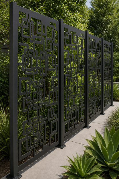 Design 114 Digital Square Maze Laser Cut Metal Privacy Screen Panel oblique angle view