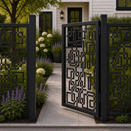 Design 114 rounded rectangle chain black aluminium side gate open view