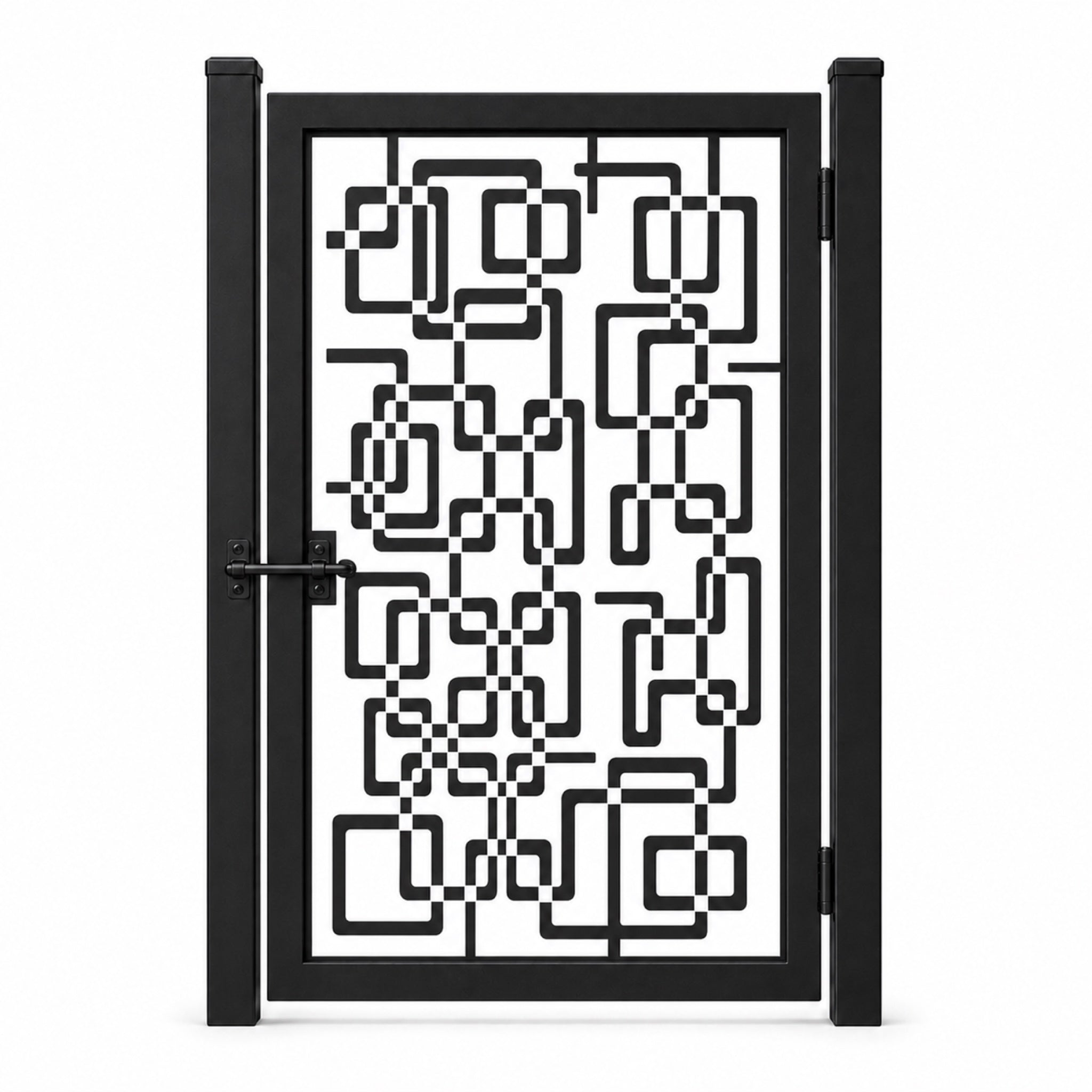 Design 114 rounded rectangle chain black laser cut metal pedestrian gate closed view