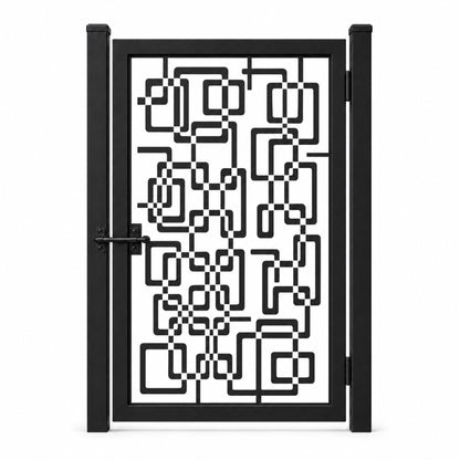 Design 114 rounded rectangle chain black laser cut metal pedestrian gate closed view