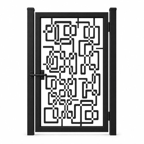 Design 114 rounded rectangle chain black laser cut metal pedestrian gate closed view