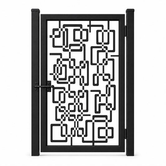 Design 114 rounded rectangle chain black laser cut metal pedestrian gate closed view