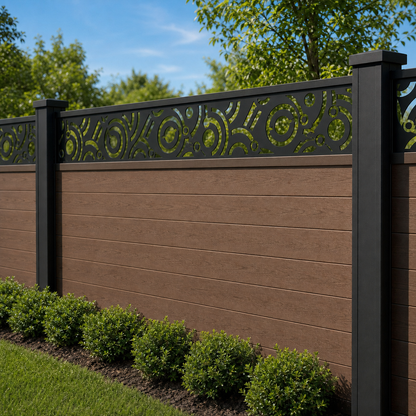 Abstract Modern Curl laser cut fence extension panel installed on composite fence, angle view, Design 115