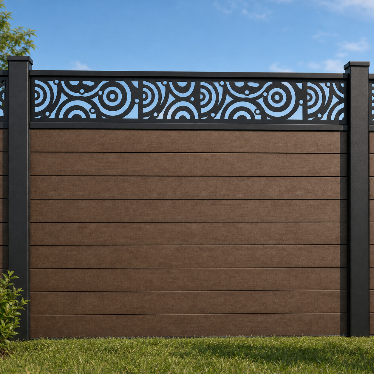 Abstract Modern Curl metal fence topper installed above WPC composite privacy fence, front view, Design 115