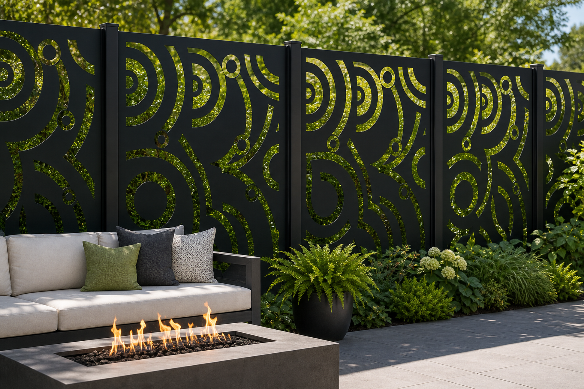 Design 115 Bold Circle Leaf Laser Cut Metal Privacy Screen Panel installed garden daylight view