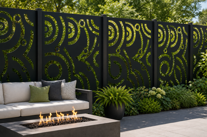 Design 115 Bold Circle Leaf Laser Cut Metal Privacy Screen Panel installed garden daylight view