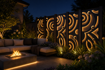 Design 115 Bold Circle Leaf Laser Cut Metal Privacy Screen Panel installed garden night lighting view