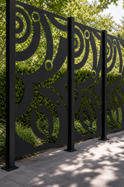 Design 115 Bold Circle Leaf Laser Cut Metal Privacy Screen Panel oblique angle view