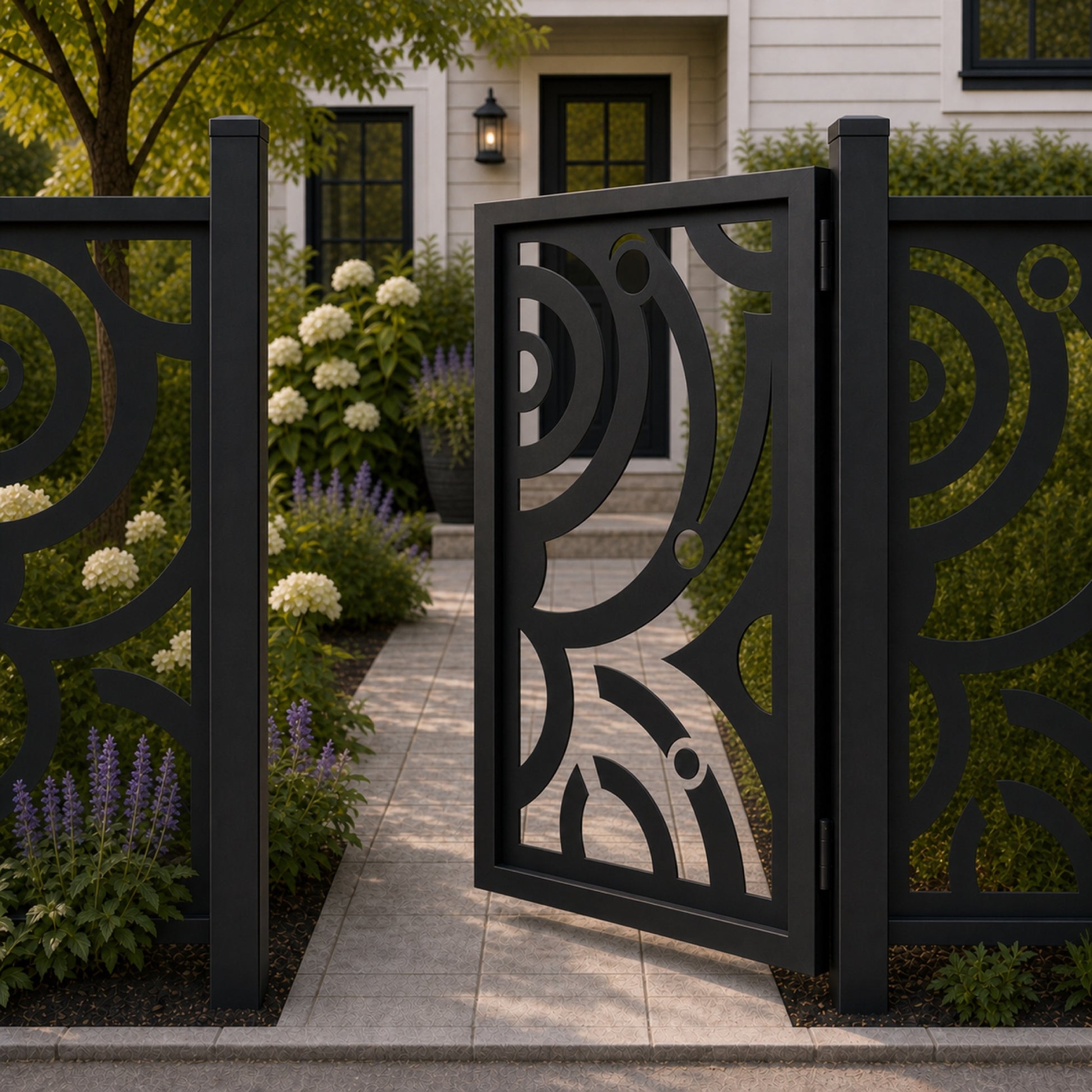 Design 115 large arc abstract black aluminium side gate open view