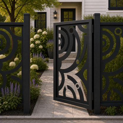 Design 115 large arc abstract black aluminium side gate open view