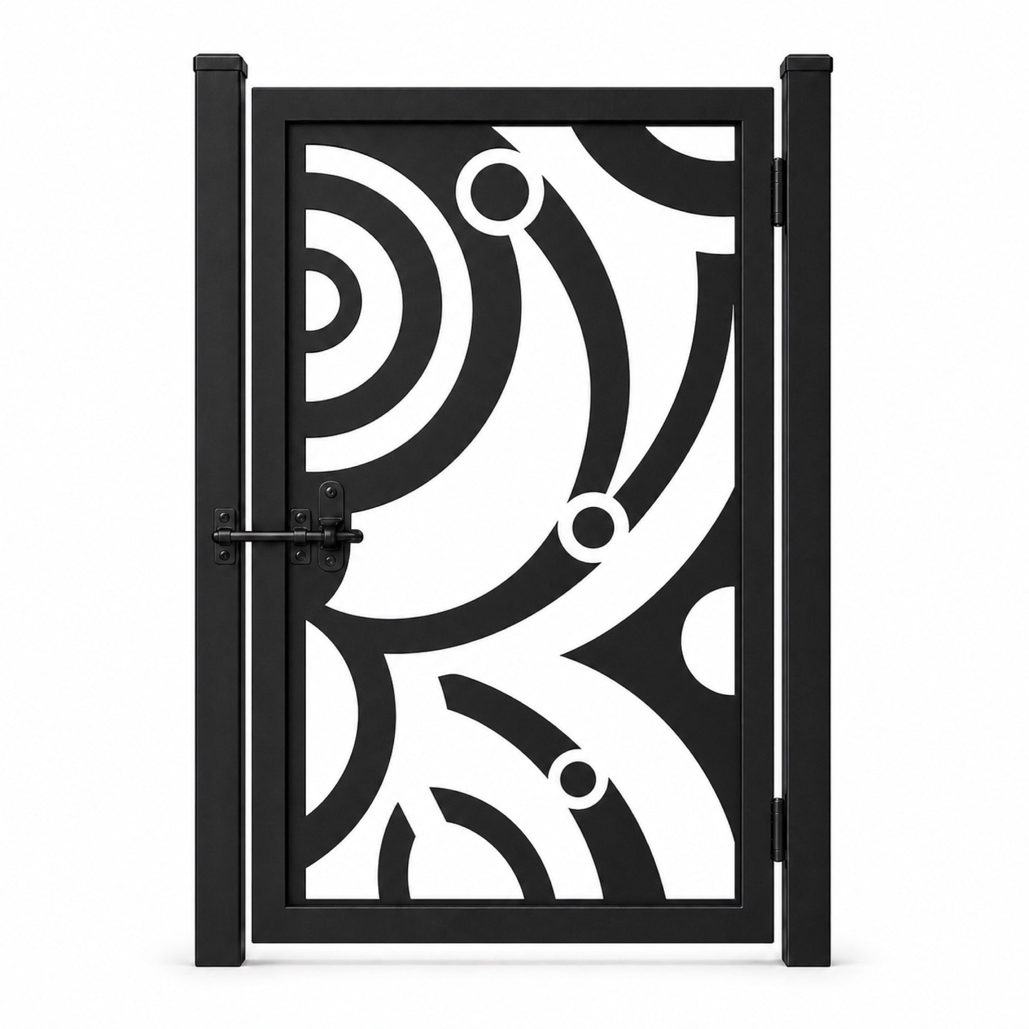 Design 115 large arc abstract black laser cut metal pedestrian gate closed view