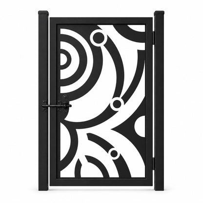 Design 115 large arc abstract black laser cut metal pedestrian gate closed view