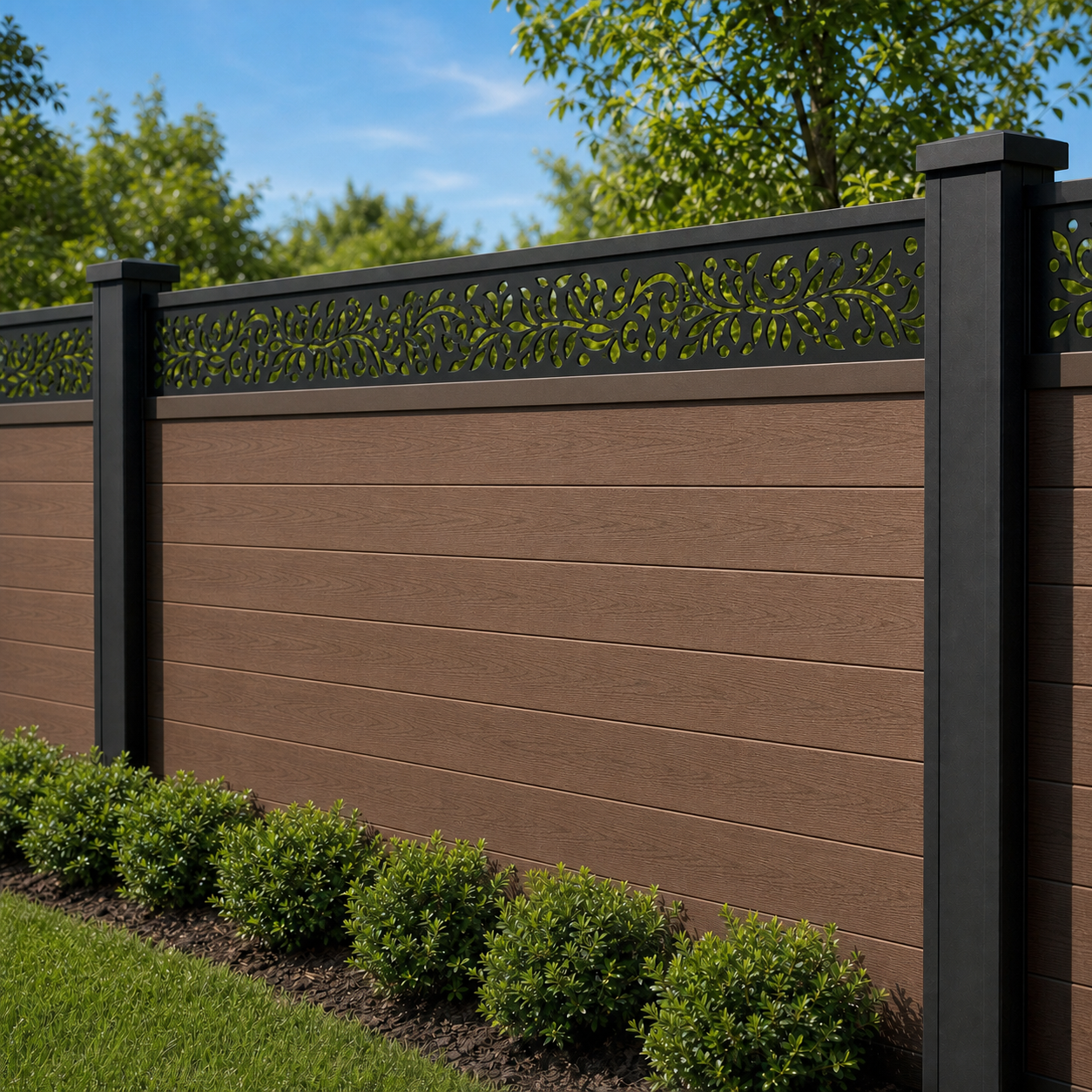 Fine Floral Filigree laser cut fence extension panel installed on composite fence, angle view, Design 116