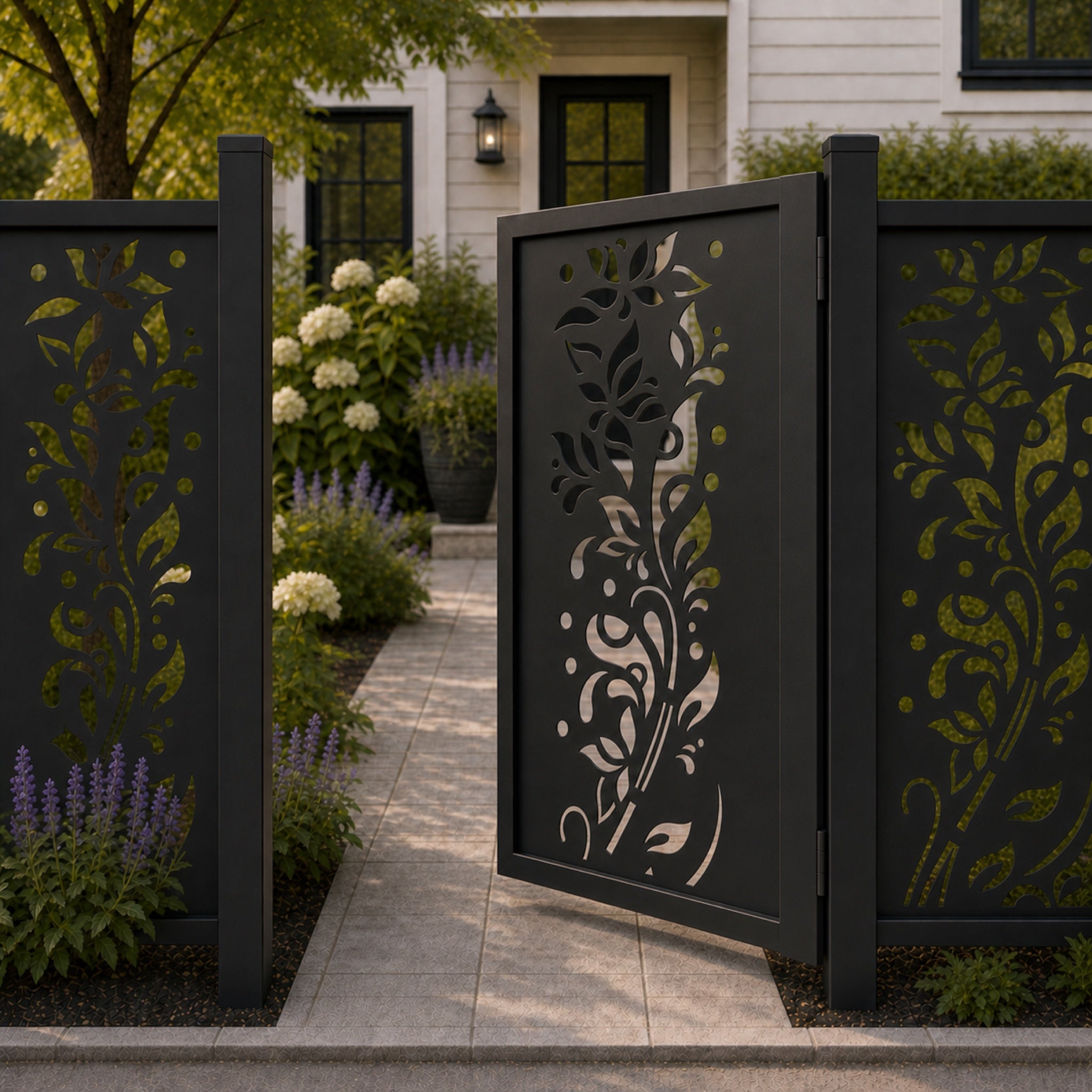 Design 116 freeform floral leaf vine black aluminium side gate open view