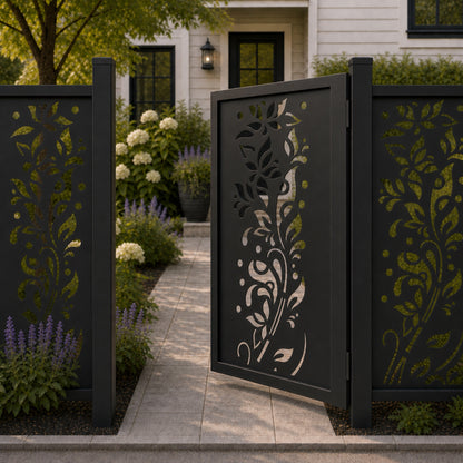 Design 116 freeform floral leaf vine black aluminium side gate open view