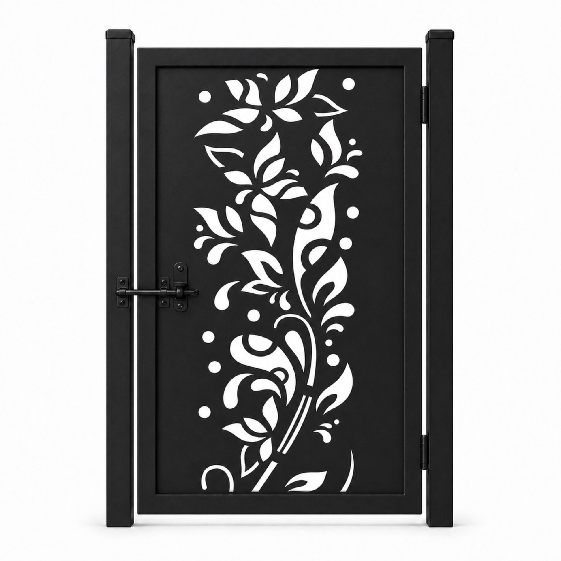 Design 116 freeform floral leaf vine black laser cut metal pedestrian gate closed view