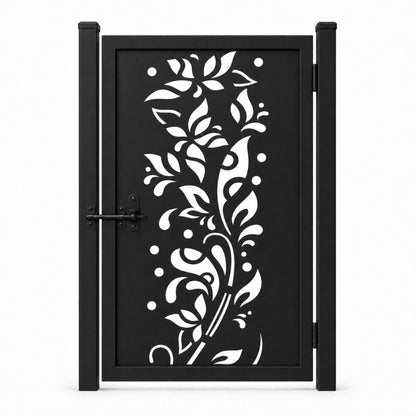 Design 116 freeform floral leaf vine black laser cut metal pedestrian gate closed view