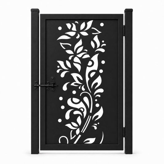 Design 116 freeform floral leaf vine black laser cut metal pedestrian gate closed view