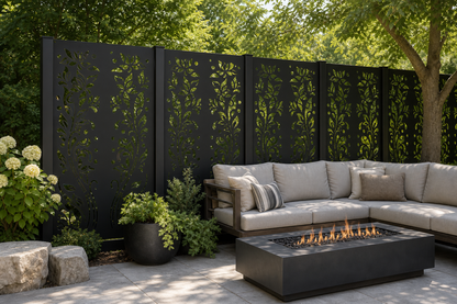 Design 116 Leaf Vine Spray Laser Cut Metal Privacy Screen Panel installed garden daylight view