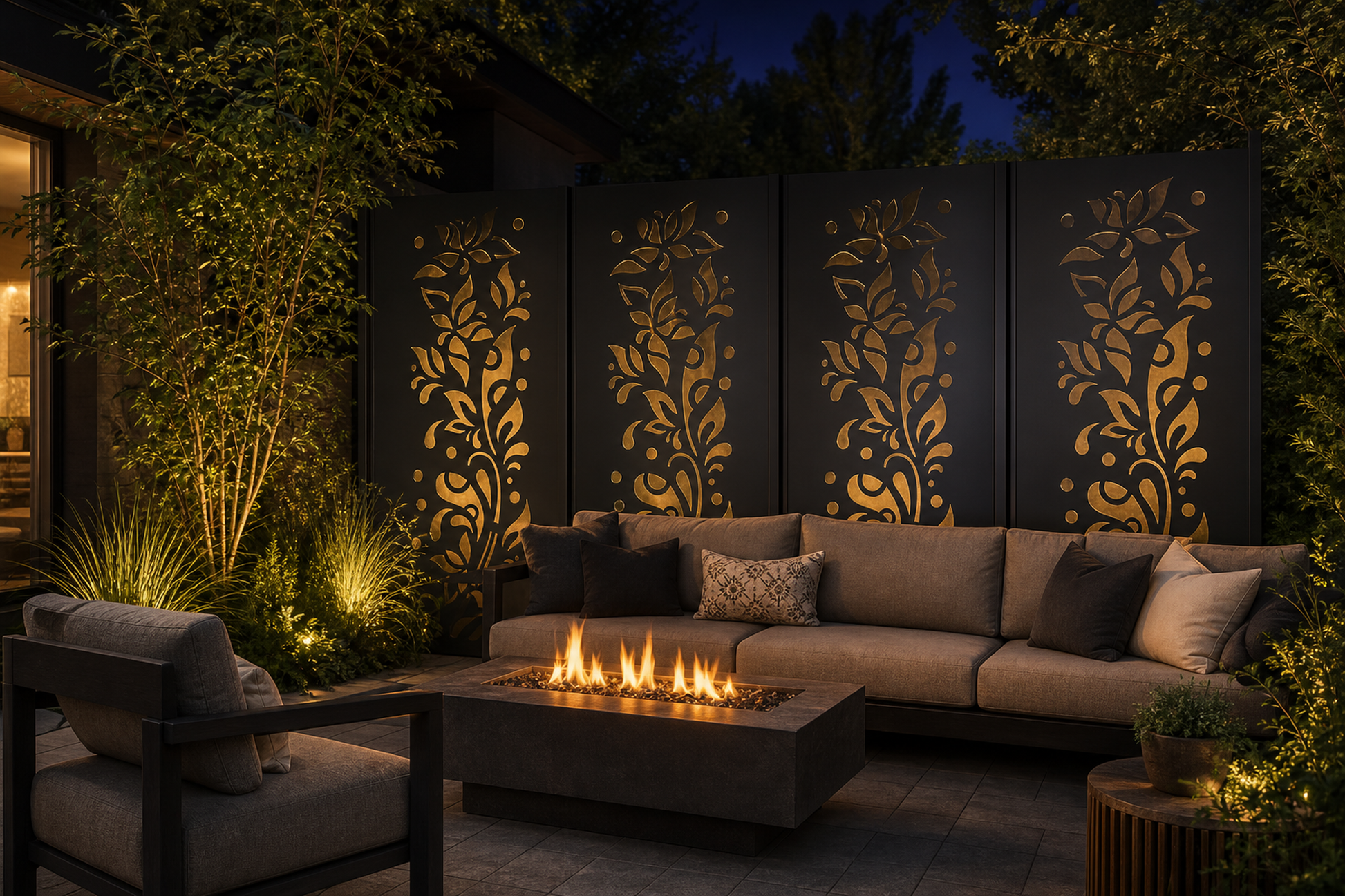 Design 116 Leaf Vine Spray Laser Cut Metal Privacy Screen Panel installed garden night lighting view