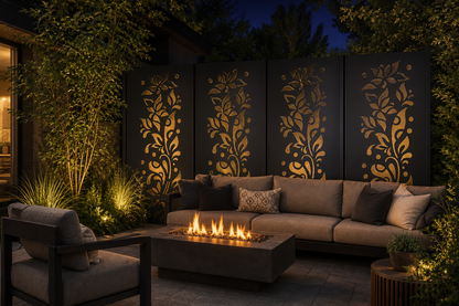 Design 116 Leaf Vine Spray Laser Cut Metal Privacy Screen Panel installed garden night lighting view