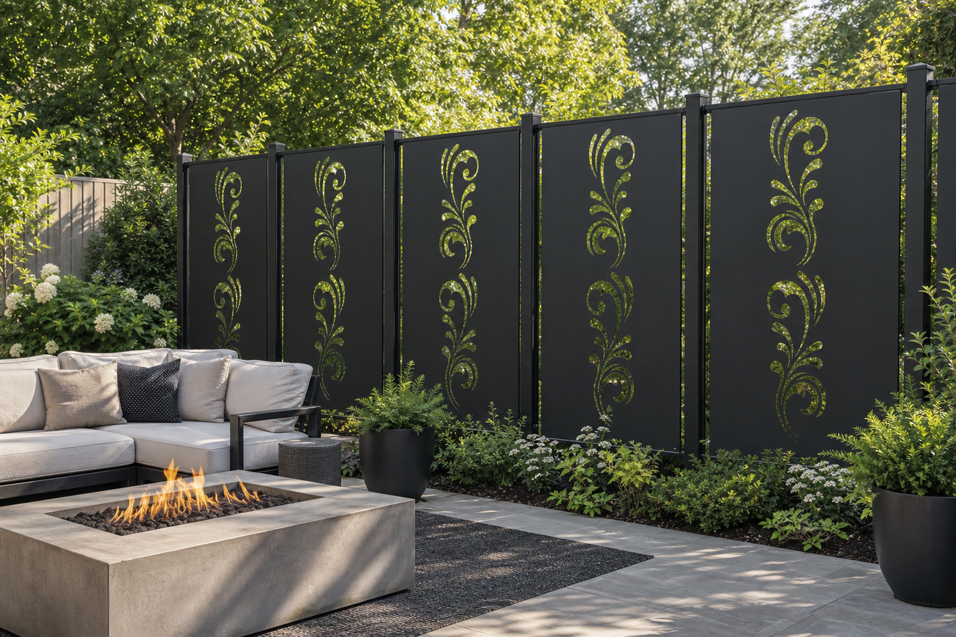 Design 117 Classic Leaf Scroll Laser Cut Metal Privacy Screen Panel installed garden daylight view