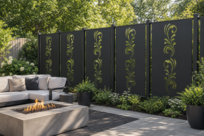 Design 117 Classic Leaf Scroll Laser Cut Metal Privacy Screen Panel installed garden daylight view