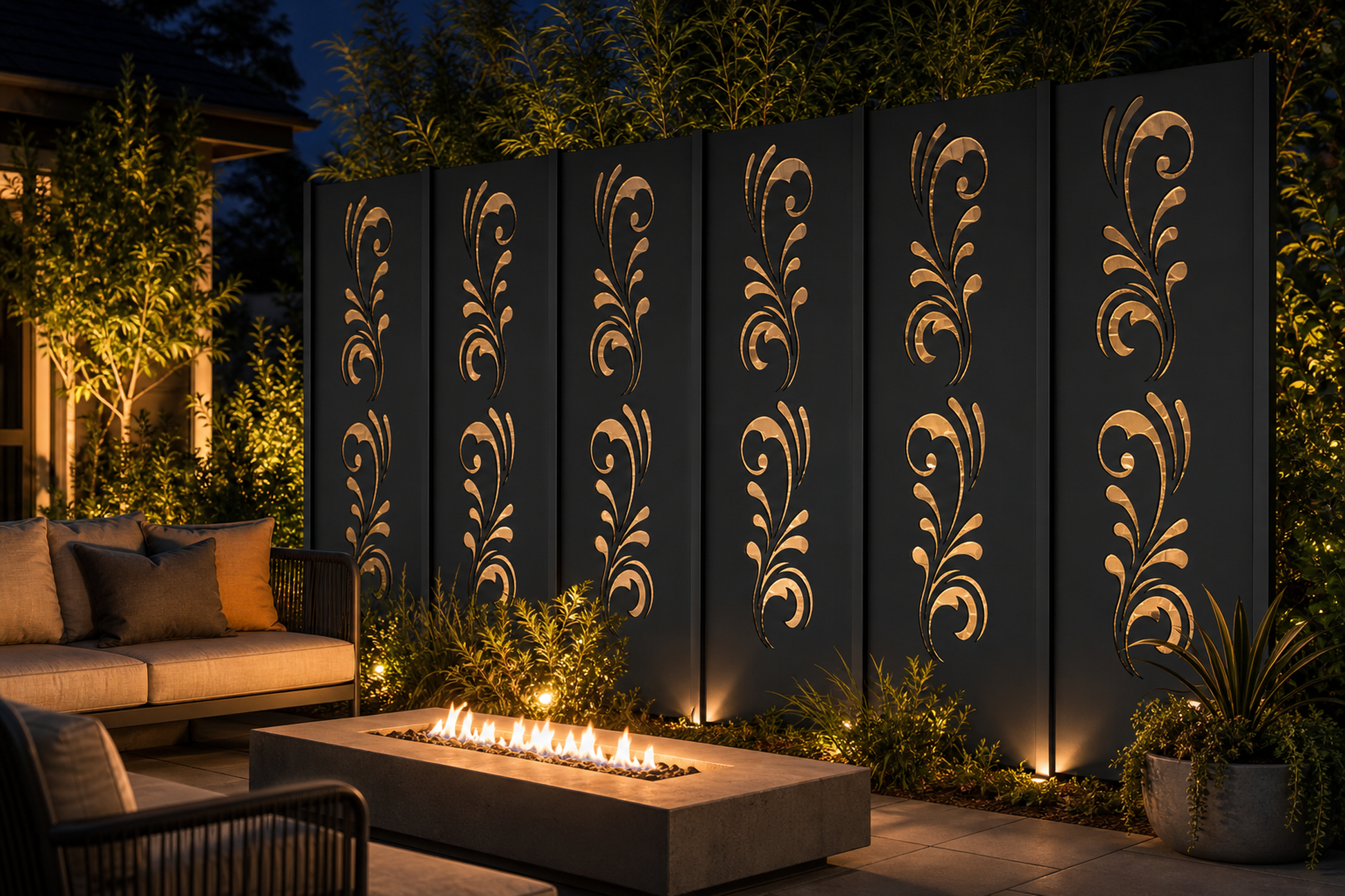 Design 117 Classic Leaf Scroll Laser Cut Metal Privacy Screen Panel installed garden night lighting view