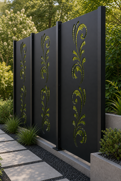 Design 117 Classic Leaf Scroll Laser Cut Metal Privacy Screen Panel oblique angle view