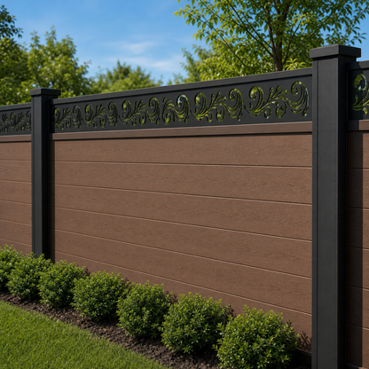 Moon Leaf Vine laser cut fence extension panel installed on composite fence, angle view, Design 117