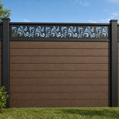 Moon Leaf Vine metal fence topper installed above WPC composite privacy fence, front view, Design 117