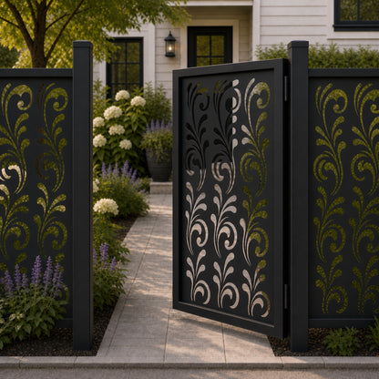 Design 117 open scroll leaf bud black aluminium side gate open view