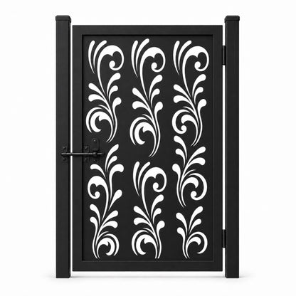 Design 117 open scroll leaf bud black laser cut metal pedestrian gate closed view
