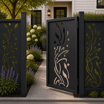 Design 118 open leaf branch dot black aluminium side gate open view