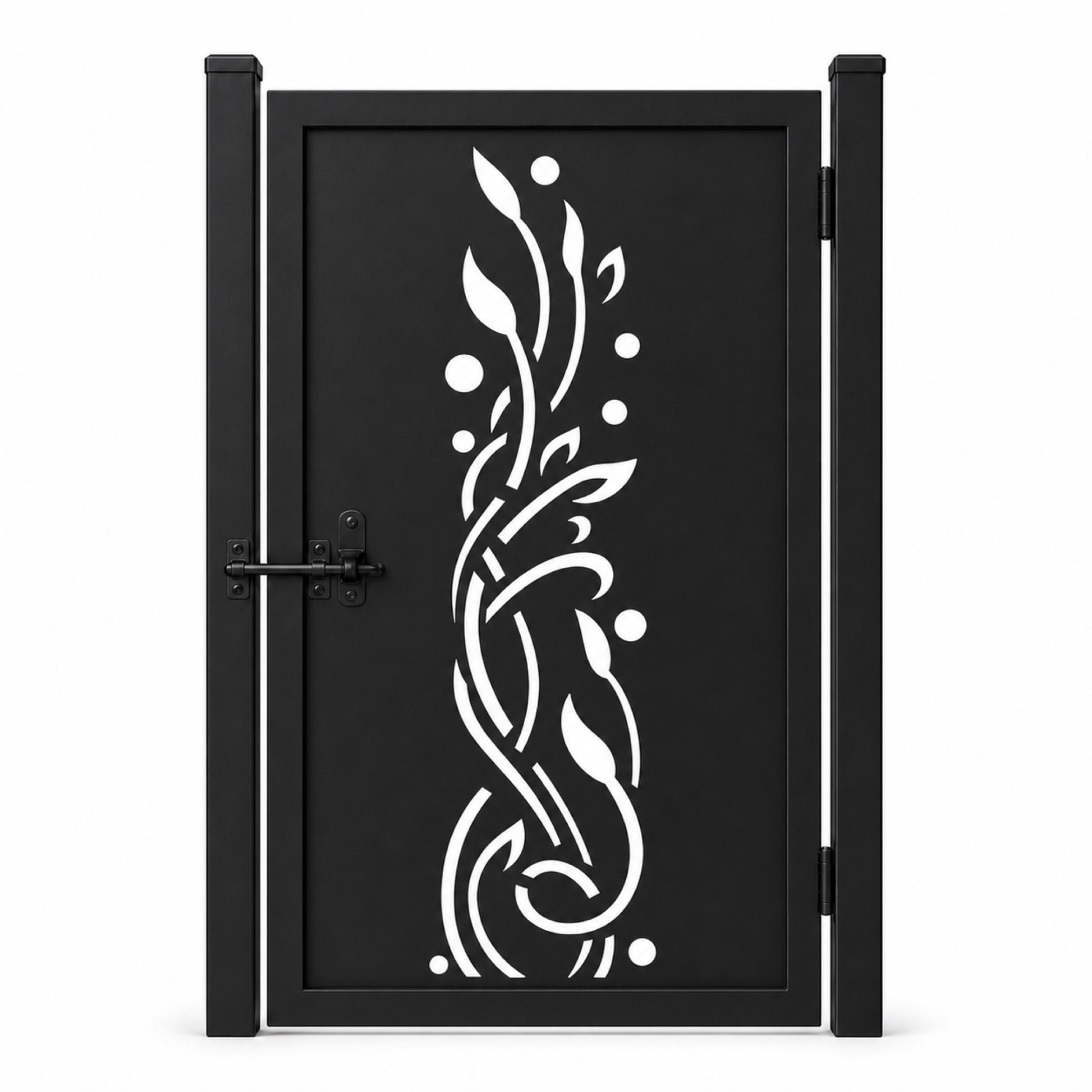 Design 118 open leaf branch dot black laser cut metal pedestrian gate closed view