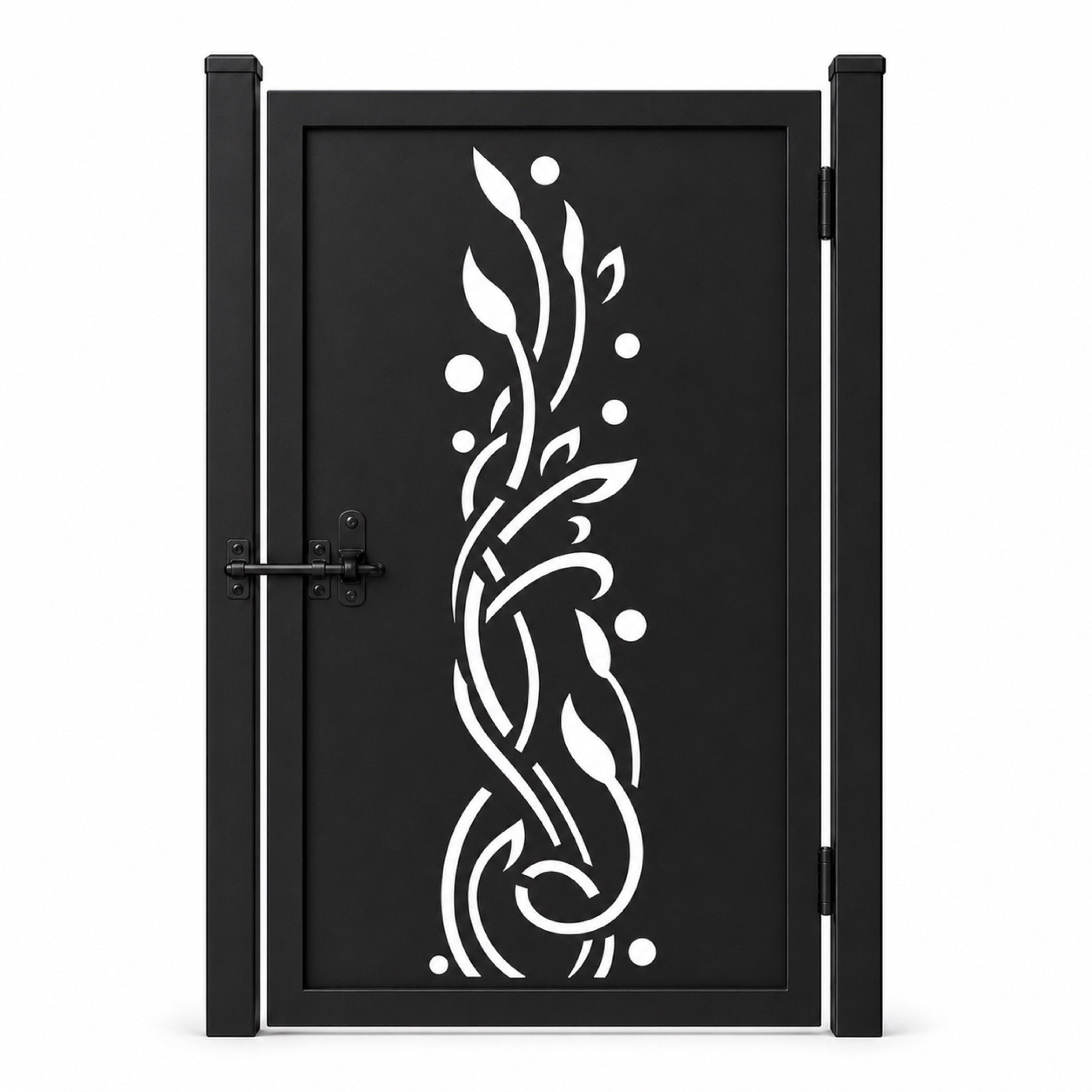 Design 118 open leaf branch dot black laser cut metal pedestrian gate closed view