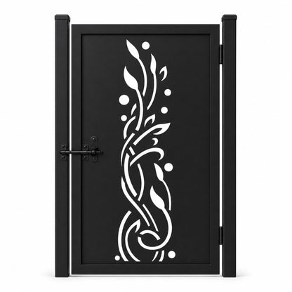 Design 118 open leaf branch dot black laser cut metal pedestrian gate closed view