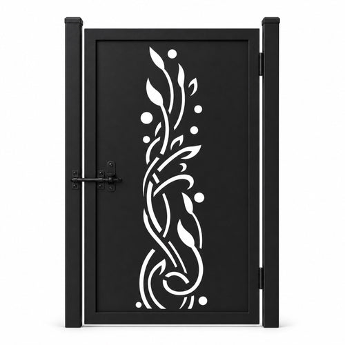 Design 118 open leaf branch dot black laser cut metal pedestrian gate closed view