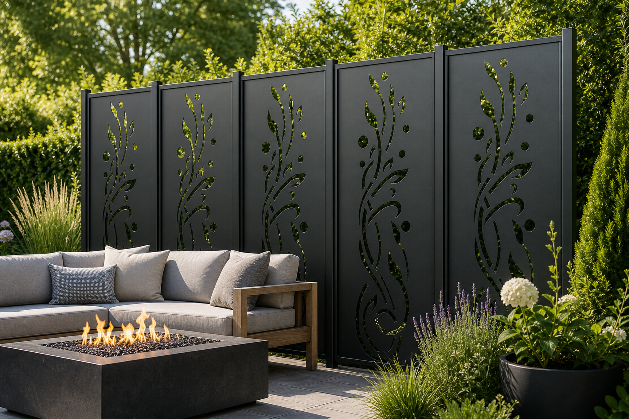 Design 118 Ribbon Leaf Vine Laser Cut Metal Privacy Screen Panel installed garden daylight view