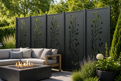 Design 118 Ribbon Leaf Vine Laser Cut Metal Privacy Screen Panel installed garden daylight view