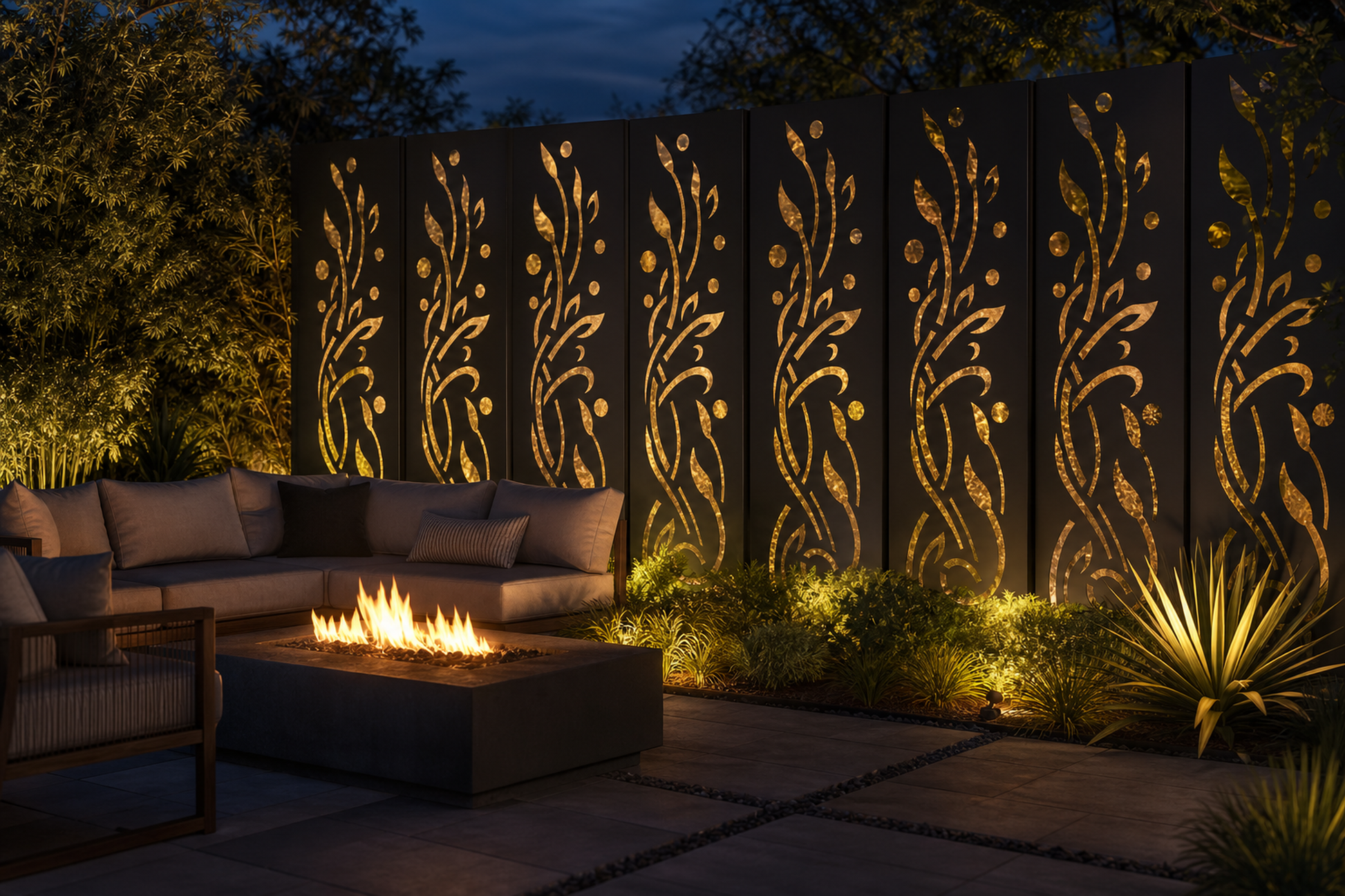 Design 118 Ribbon Leaf Vine Laser Cut Metal Privacy Screen Panel installed garden night lighting view