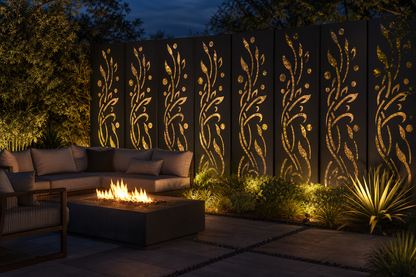Design 118 Ribbon Leaf Vine Laser Cut Metal Privacy Screen Panel installed garden night lighting view