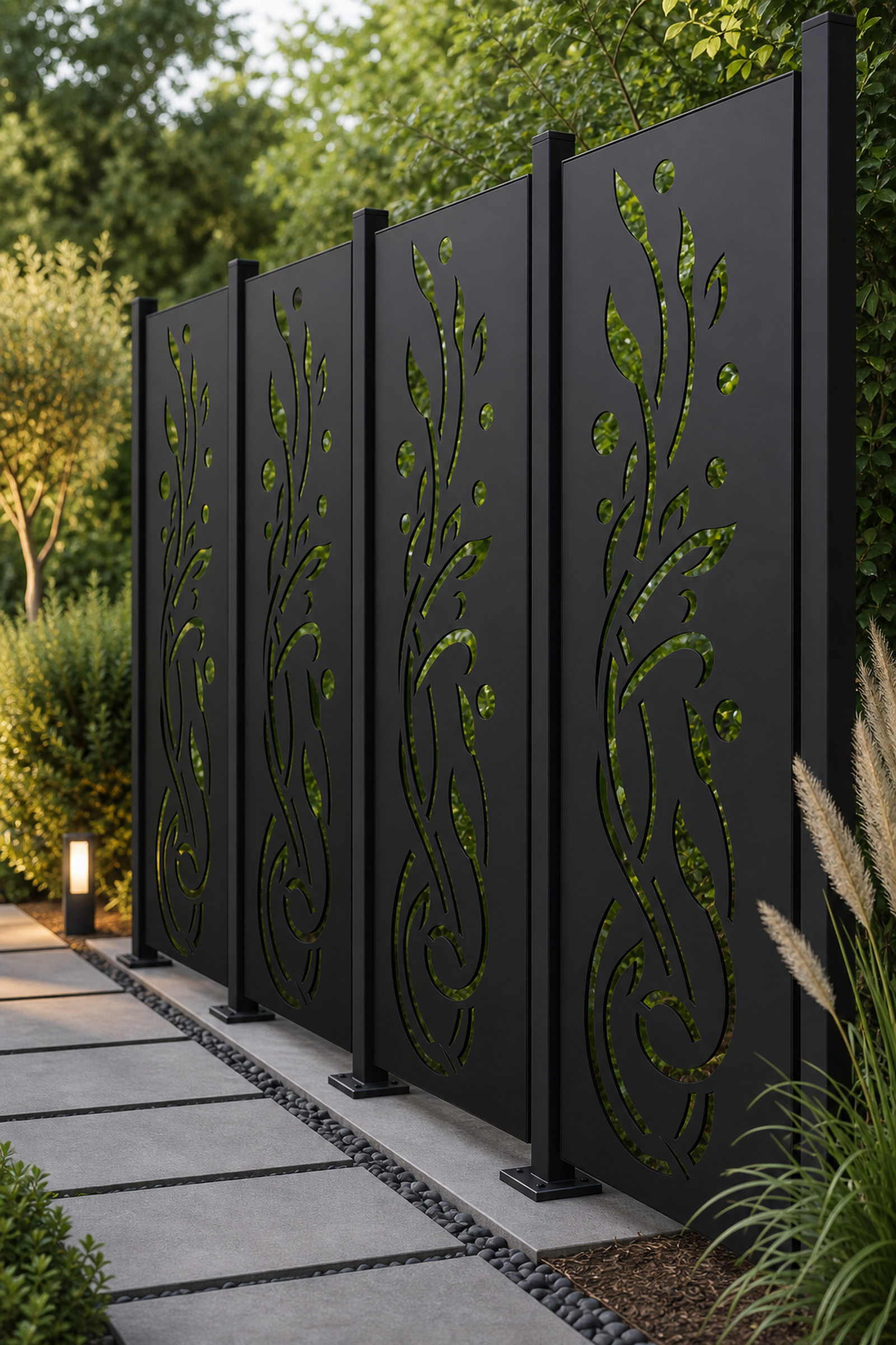 Design 118 Ribbon Leaf Vine Laser Cut Metal Privacy Screen Panel oblique angle view