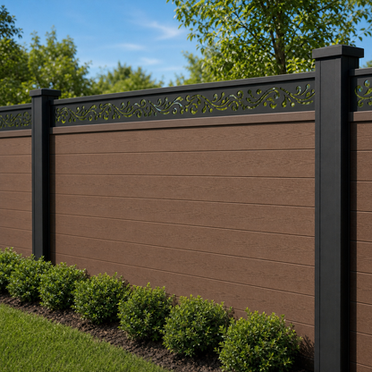 Wind Scroll Rail laser cut fence extension panel installed on composite fence, angle view, Design 118