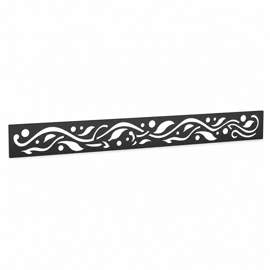 Wind Scroll Rail laser cut metal fence topper insert perspective view, Design 118