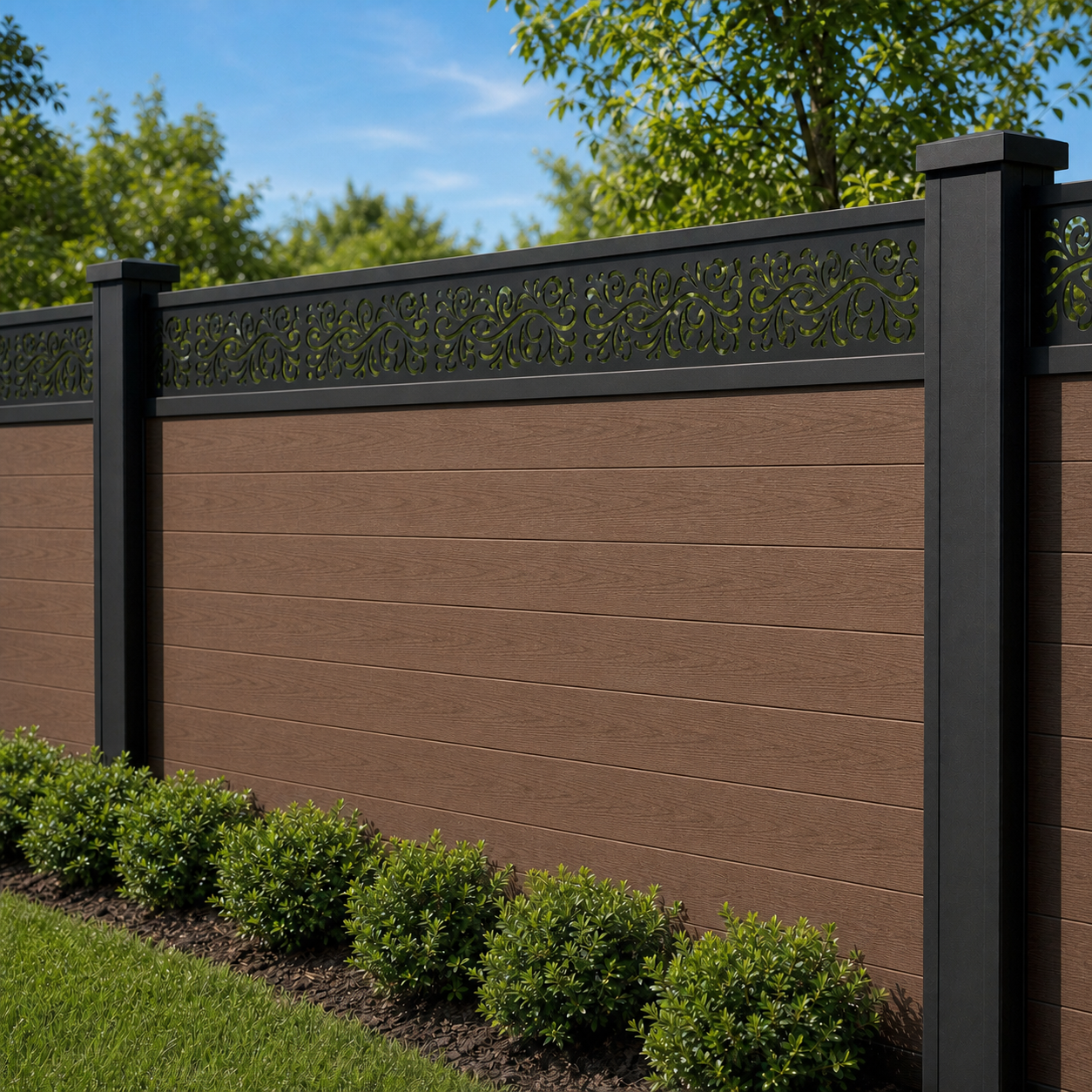 Dark Fine Wave laser cut fence extension panel installed on composite fence, angle view, Design 119