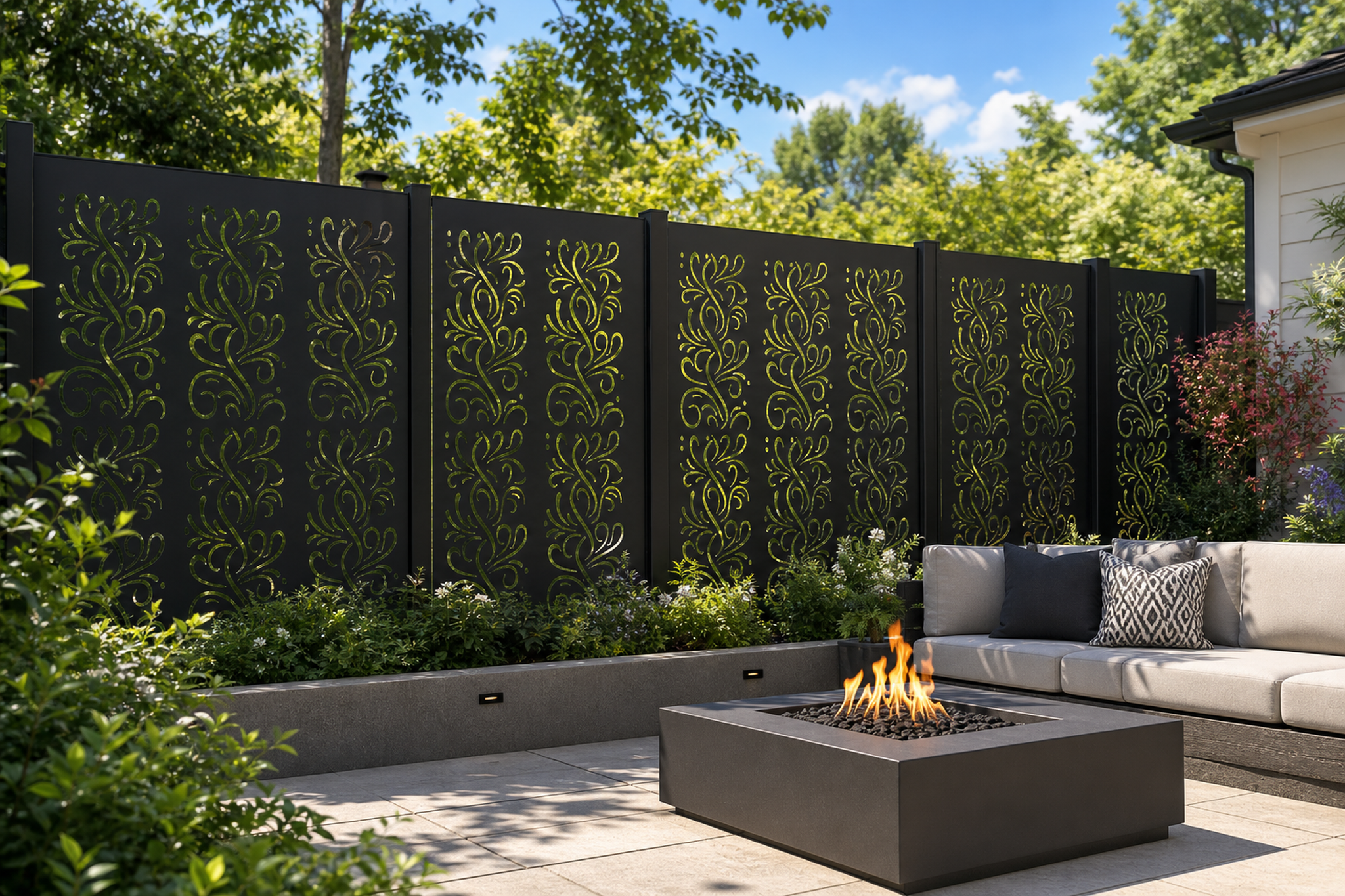 Design 119 Fine Floral Vine Laser Cut Metal Privacy Screen Panel installed garden daylight view